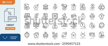 Loan and Credit line editable icon set. Containing Credit card, deposit, car leasing, rate interest, calculator, income, and more. Vector illustration