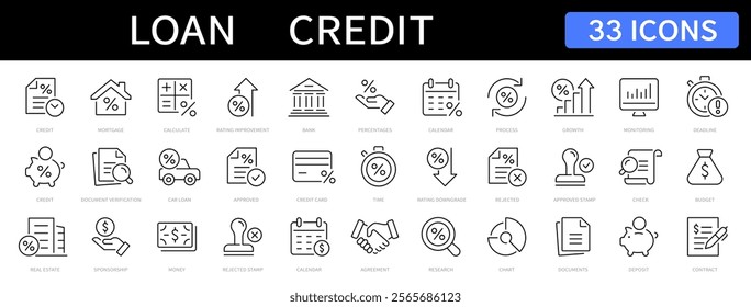 Loan and Credit thin line icons set. Mortgage, credit rating, calculator editable stroke icon. Vector