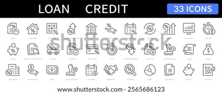 Loan and Credit thin line icons set. Mortgage, credit rating, calculator editable stroke icon. Vector