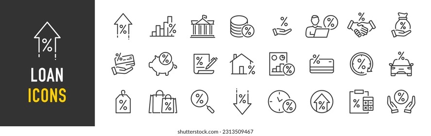 Iconos web de préstamos y créditos en línea. Tarjeta de crédito, depósito, alquiler de coches, interés de tipo de interés, calculadora, ingresos, calificación, cobro. Ilustración vectorial.