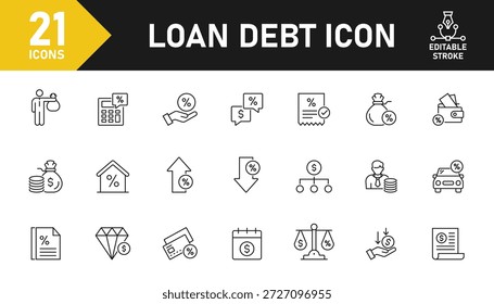 Loan and debt line icon set. Set of 21 outline icons related to debt, loan, mortgage, interest, credit, leasing, money, banking and others. Editable stroke. Vector illustration.