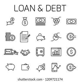 Loan and debt related vector icon set. Well-crafted sign in thin line style with editable stroke. Vector symbols isolated on a white background. Simple pictograms.
