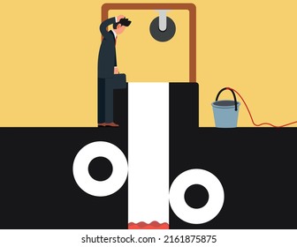 loan or debt trap or risk management. Careful businessman looking into deep hole of banking percentage sign pit, investment profit and loss concept