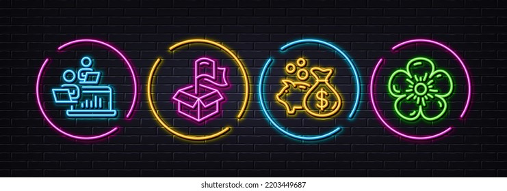 Loan, Delivery location and Teamwork minimal line icons. Neon laser 3d lights. Natural linen icons. For web, application, printing. Investment of savings, Parcel shipping, Networking. Vector