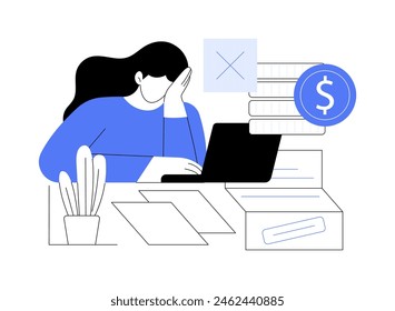 Loan negó Ilustraciones vectoriales aisladas de dibujos animados. Mujer molesta consiguiendo documento con crédito declinado, mala puntuación, gente de negocios, problemas financieros, sin préstamo Acuerdo Vector de dibujos animados.