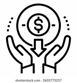 Loan Dollar Icon - Two Hands Up and Down in Circle, Line Art on White