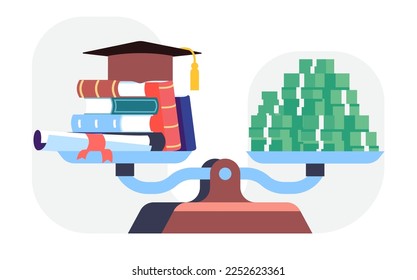 Loan for education. Knowledge or banknotes heap comparison. Money for education. Books and dollars pile on scale. Weight compare. Costs measure. Price of university study