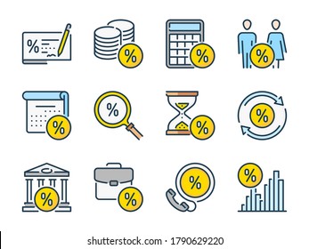 Loan and Fees related vector color line icon set. Discount and Debt outline icons. Tax and Taxation icon collection.