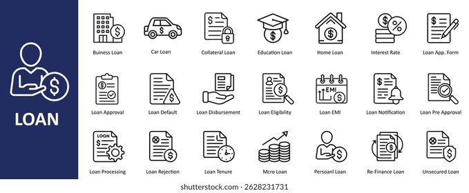 Loan Finance Icon Set – Estilo de esquema de Vector para servicios bancarios y monetarios. Conjunto de iconos de préstamo.