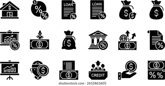 Préstamo, conjunto de iconos de finanzas. Pictogramas de glifo de Vector de hipoteca, porcentaje, Acuerdo de préstamo, bolsa de dinero, pago, banca, crédito, tasa de interés negro