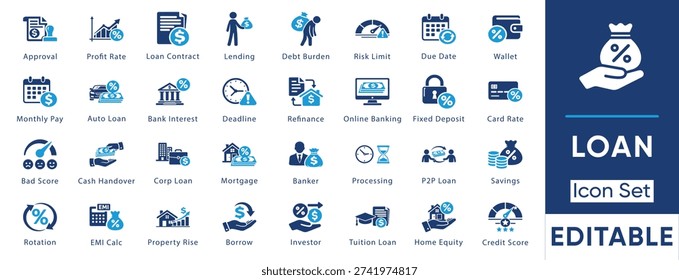 Loan and finance icon set. Vector collection including refinance, home equity, p2p loan, emi calc, debt burden, bad score and credit score symbols.