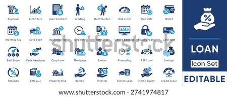 Loan and finance icon set. Vector collection including refinance, home equity, p2p loan, emi calc, debt burden, bad score and credit score symbols.
