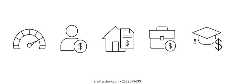 Índice de crédito de financiamento e empréstimo home education business personal money vetor icon set for financial service outline banking concept illustration.