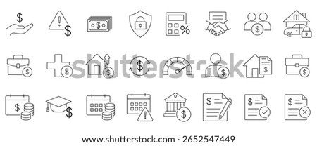 Loan and financing line icon set. Includes approval, interest rate, repayment, mortgage, agreement, penalty, rejection, calculator, credit score and credit score. Vector illustration.