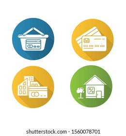 Loan flat design long shadow glyph icons set. Retail, consumerism. Paying with credit card. Small business investment. Loan money with percent rate. Supermarket basket. Vector silhouette illustration