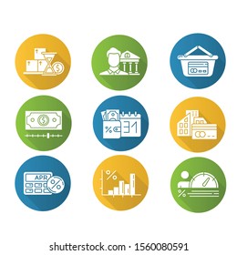 Loan flat design long shadow glyph icons set. Small business loan. Annual percentage rate calculator. Income increase infographic. Credit bureau. Borrow money. Vector silhouette illustration