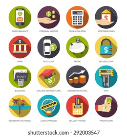 Loan flat icons set with check balance personal income tax calculator isolated vector illustration