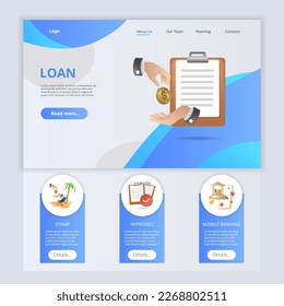 Loan flat landing page website template. Stamp, approved, mobile banking. Web banner with header, content and footer. Vector illustration.