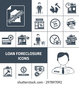 Loan Foreclosure Debt Property Sale Icons Black Set Isolated Vector Illustration