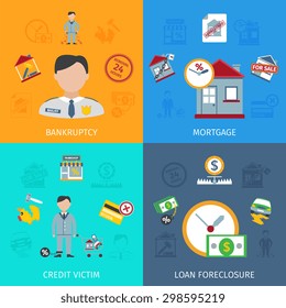 Loan foreclosure design concept set with credit victim flat icons isolated vector illustration