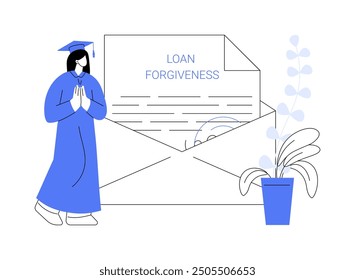 Loan forgiveness isolated cartoon vector illustrations. Happy girl getting student loan forgiveness and financial aid, good news, debt relief, free university education vector cartoon.