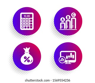 Loan, Graph chart and Calculator icons simple set. Halftone dots button. Candlestick chart sign. Money bag, Growth report, Accounting device. Report analysis. Finance set. Vector