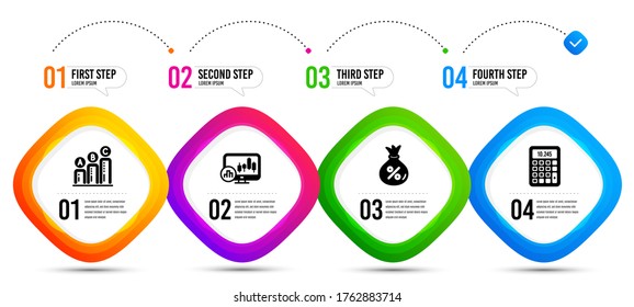 Loan, Graph chart y los iconos de la Calculadora conjunto simple. Infografía de la línea de tiempo. Señal de la gráfica de candelabros. Bolsa de dinero, informe de crecimiento, dispositivo de contabilidad. Análisis de informes. Juego de finanzas. Vector