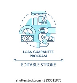 Loan guarantee program turquoise concept icon. Helping program for small business abstract idea thin line illustration. Isolated outline drawing. Editable stroke. Arial, Myriad Pro-Bold fonts used