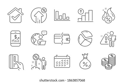 Loan, Hot loan and Graph chart line icons set. Payment methods, Payment card and Discount signs. Coins, Pie chart and Mobile finance symbols. Histogram, Calendar. Money bag, Discount offer. Vector