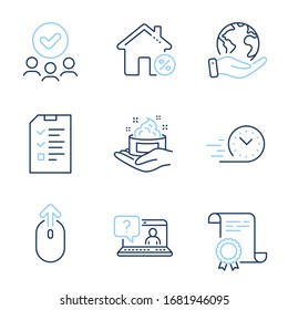 Loan House, Interview And Swipe Up Line Icons Set. Diploma Certificate, Save Planet, Group Of People. Faq, Fast Delivery And Skin Care Signs. Discount Percent, Checklist File, Scrolling Page. Vector