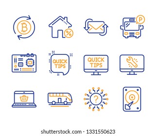 Loan house, Quick tips and Bus parking icons simple set. Online shopping, Question mark and Motherboard signs. Web tutorials, Monitor repair and Refresh mail symbols. Line loan house icon. Vector