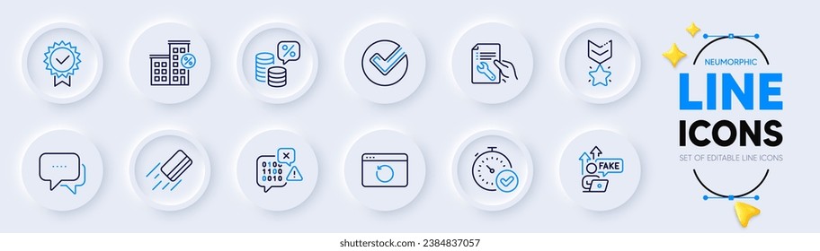 Loan house, Recovery internet and Fake internet line icons for web app. Pack of Verify, Credit card, Binary code pictogram icons. Winner medal, Repair document, Fast verification signs. Vector