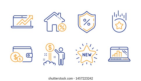 Loan house, Sales diagram and Loan percent line icons set. New star, Buying accessory and Income money signs. Loyalty star, Graph laptop symbols. Discount percent, Sale growth chart. Vector