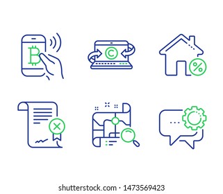 Loan house, Search map and Copywriting notebook line icons set. Bitcoin pay, Reject certificate and Employees messenger signs. Discount percent, Find address, Writer laptop. Mobile payment. Vector