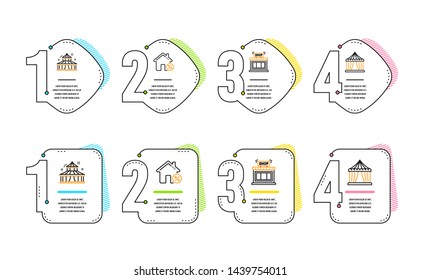 Loan house, Shop and Circus icons simple set. Circus tent sign. Discount percent, Store, Attraction park. Buildings set. Infographic timeline. Line loan house icon. 4 options or steps. Vector