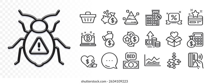Loan house, Trade infochart and Pyramid chart line icons for web app. Glare of light effect. Message icon. Pack of Bribe, Discounts ribbon, Shopping basket pictogram icons. Vector