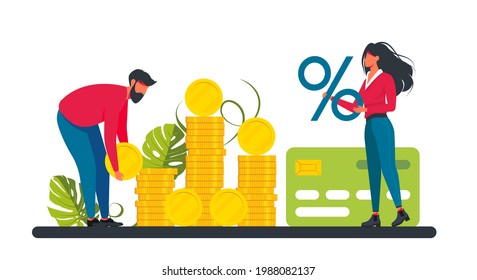 Préstamo con una enorme tasa de interés. pequeña mujer y hombre con un porcentaje de señal y moneda, tarjeta de crédito. Finanzas de las relaciones. inversión. El concepto de ahorro y acumulación de dinero. Bienestar financiero.
