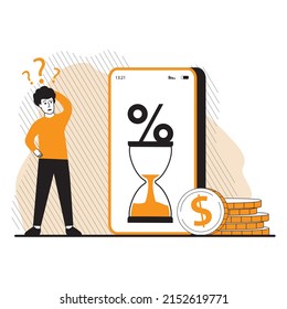 Loan with huge interest rate.Mobile app page screen.Smartphone banking application.Credit agreement mortgage. Quick cash and credit loan.Tiny people thinks about the time of loan payment.