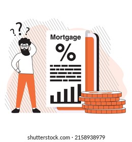 Loan with huge interest rate.Mobile app page screen.Smartphone banking application.Credit agreement mortgage.Quick cash and credit loan.Tiny people thinks about the time of loan payment.
