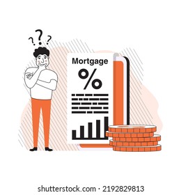 Loan with huge interest rate.Mobile app page screen.Smartphone banking application.Credit agreement mortgage.Quick cash and credit loan.Tiny people thinks about the time of loan payment.