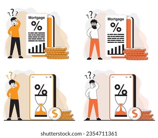 Loan with huge interest rate.Mobile app page screen.Smartphone banking application.Credit agreement mortgage.Quick cash and credit loan.Tiny people thinks about the time of loan payment.
