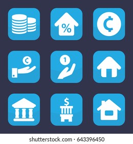 Loan icon. set of 9 filled loan icons such as coin, bank, home, mortgage