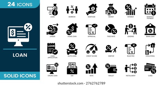 Loan icon set. Loan approval, borrowing system, mortgage, cash funding, interest calculation, payment schedule, lender service, approval process, fixed interest, financial lending, bank credit, application form, credit rating, borrower profile, denial status, asset collateral, online credit, installment system, rate increase, wallet payment, repayment plan, card transaction. Solid vector icons collection.
