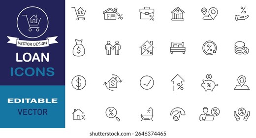 Conjunto de ícones de empréstimo. Conjunto de vetores de empréstimo bancário. Sinais de crédito em dólares. Ícones incluídos como contendo hipoteca, empréstimo, juros, devedor, empréstimo, taxa de juros e símbolo mais esboço. Ilustração vetorial. eps 10