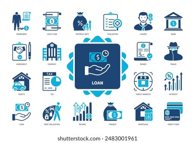 Conjunto de iconos de préstamo. Préstamo, Tipo De Interés, Elementos, Prestamista, Hipoteca, Tarjeta De Crédito, Obligación De Deuda, Acuerdo. Iconos sólidos de color de duotono
