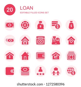 loan icon set. Collection of 20 filled loan icons included Money, Coin, Coins, Home, Cash register, Real estate, Wallet, Amount, Income, Rating, Museum
