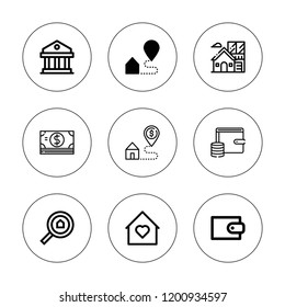 Loan icon set. collection of 9 outline loan icons with cash, courthouse, home, real estate icons. editable icons.