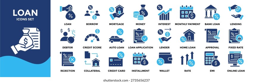 Loan icon set collection. Containing mortgage, borrow, interest, debtor, credit score, lender, installment, rate, lending