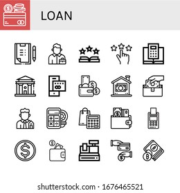 Loan Icon Set. Collection Of Credit Card, Scoring, Salesman, Rate, Rating, Calculator, Courthouse, Wallet, Money, Real Estate, Budget, Cash Register, Cash Back Icons