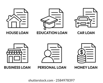 Loan icon set. Containing loan education, house, personal, business, money icons. Personal finance icons. Vector illustration.